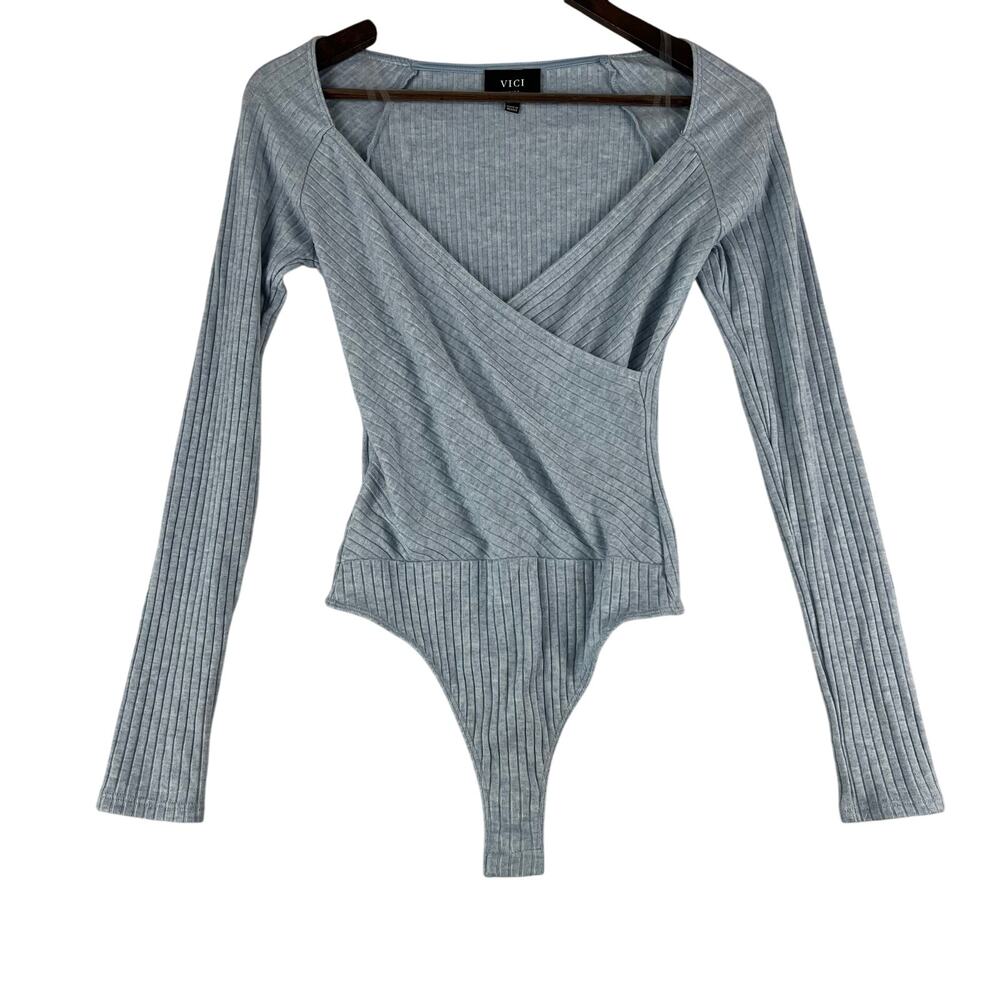 Vici Gray Ribbed Long Sleeve Bodysuit